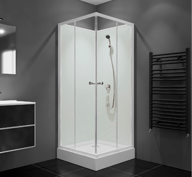 salle de bains noire avec cabine de douche